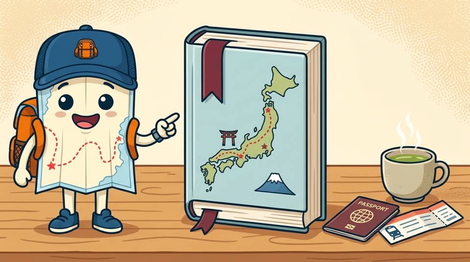 Nomi points at the Japan guide book next to a passport, a train ticket and a cup of green tea