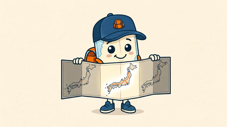 Nomi unfolds a map of Japan with the route marked in orange